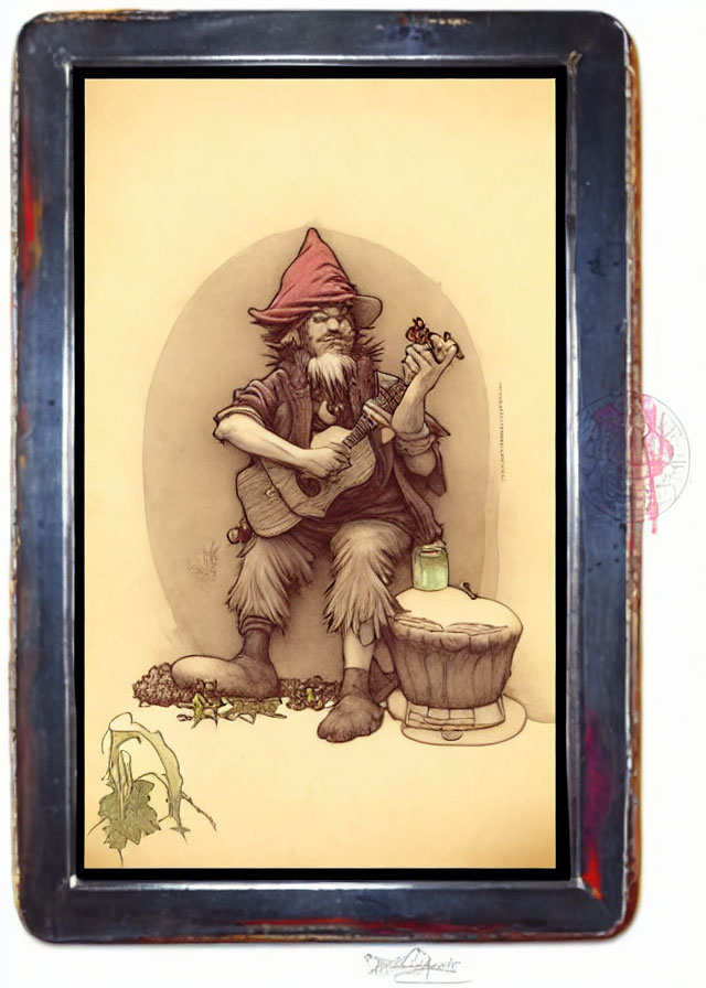 Bearded gnome playing mandolin next to barrel with candle - aged border frame