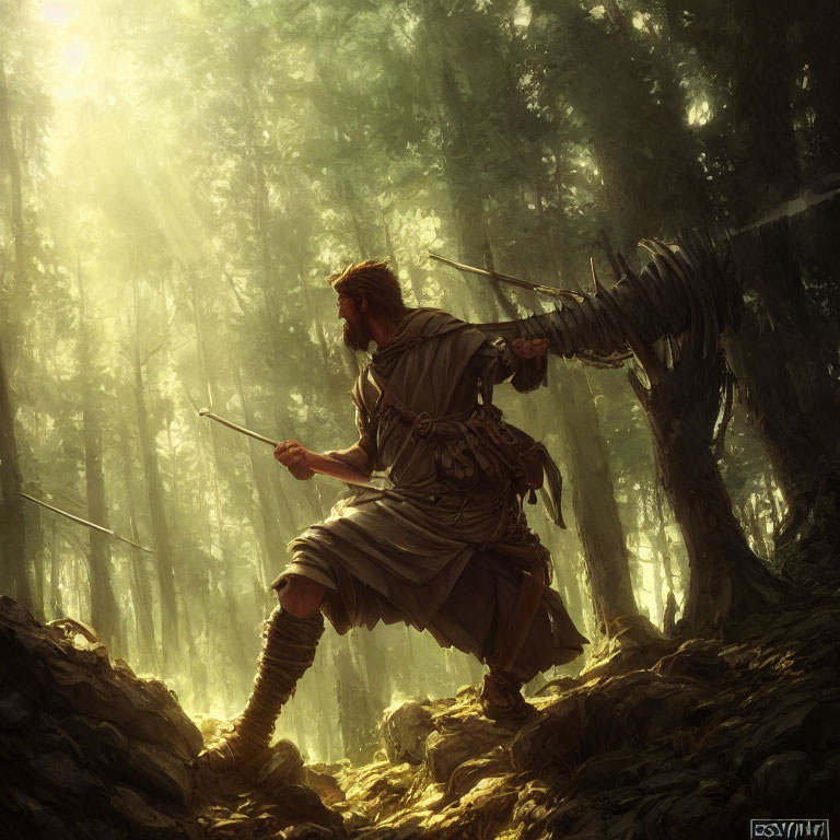 Medieval hunter with bow and knife in sunlit forest