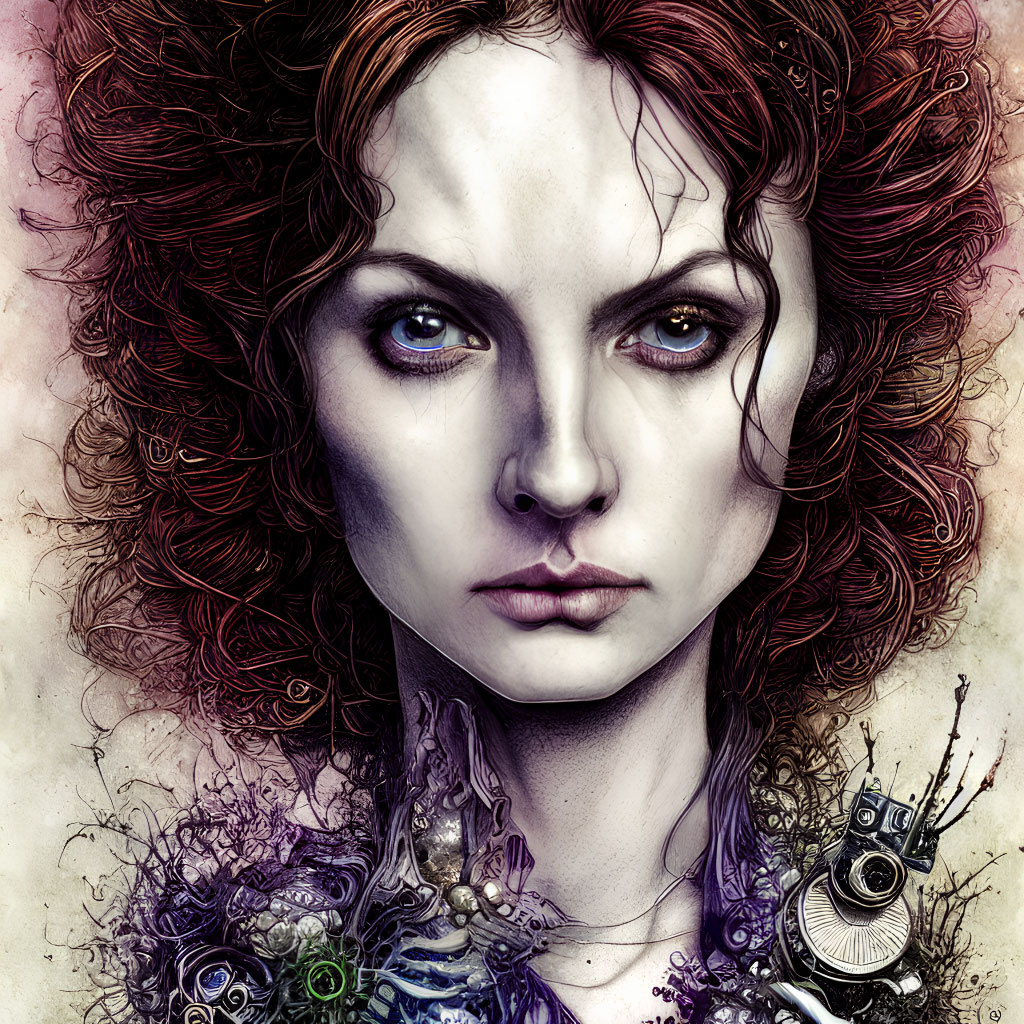 Detailed artwork of woman with purple eyes and red curly hair with floral and mechanical neck designs