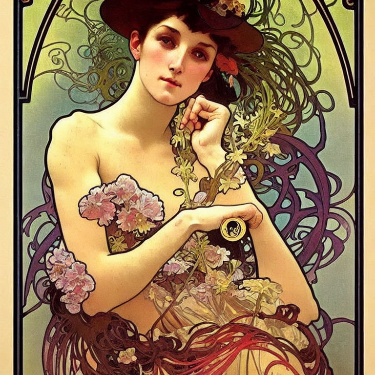 Art Nouveau Woman with Floral Headpiece and Swirling Decorative Elements