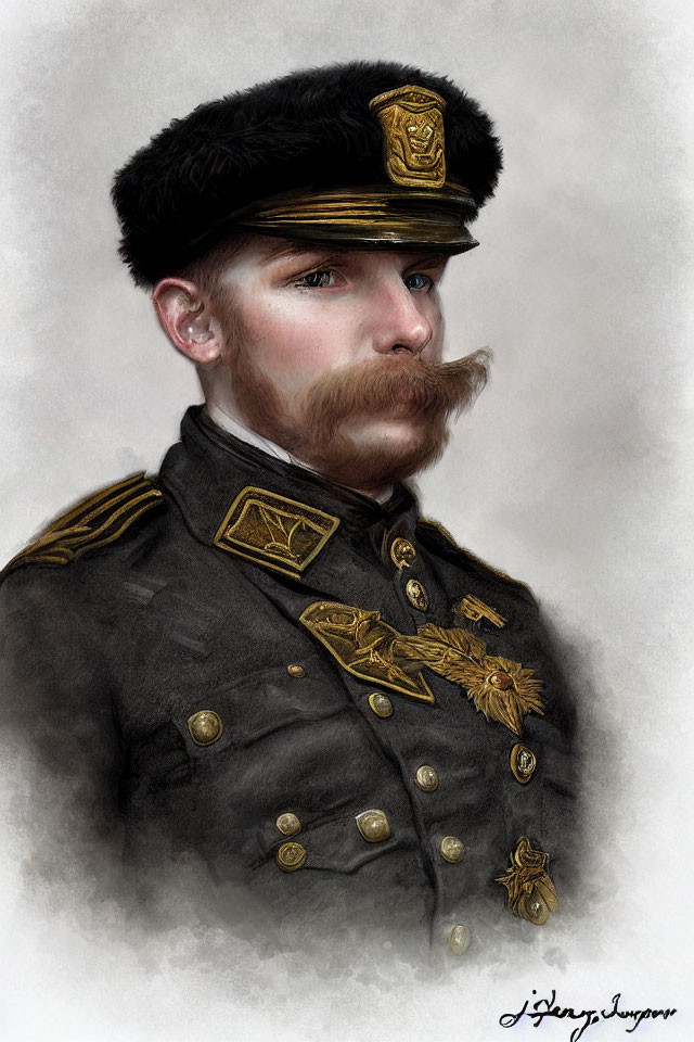 Vintage military uniform portrait with ornate decorations and prominent mustache.