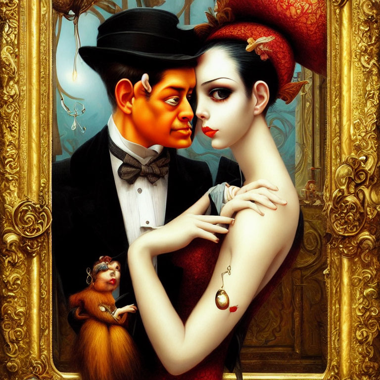 Exaggerated surreal portrait of couple with monkey and pearl