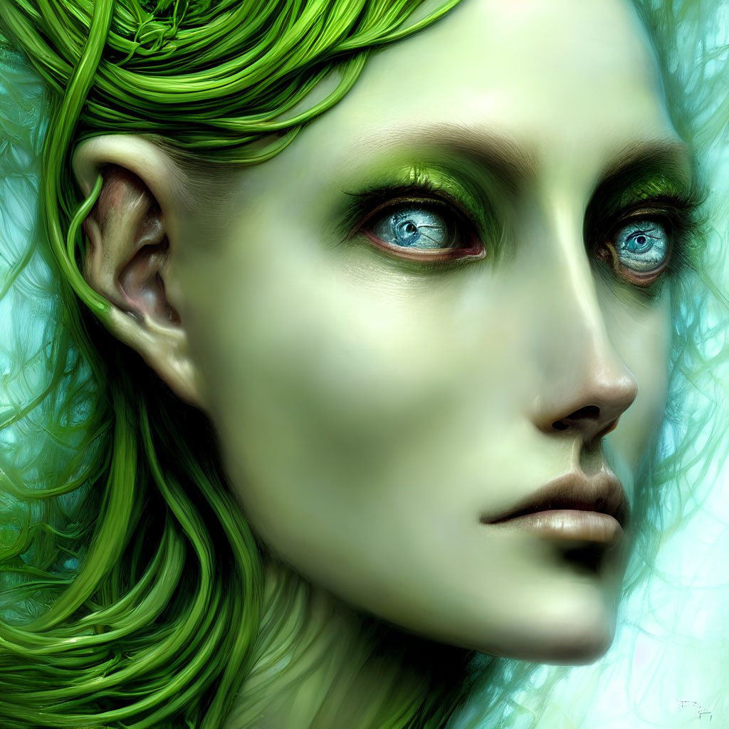 Close-up digital portrait of person with green skin, blue eyes, and green hair.