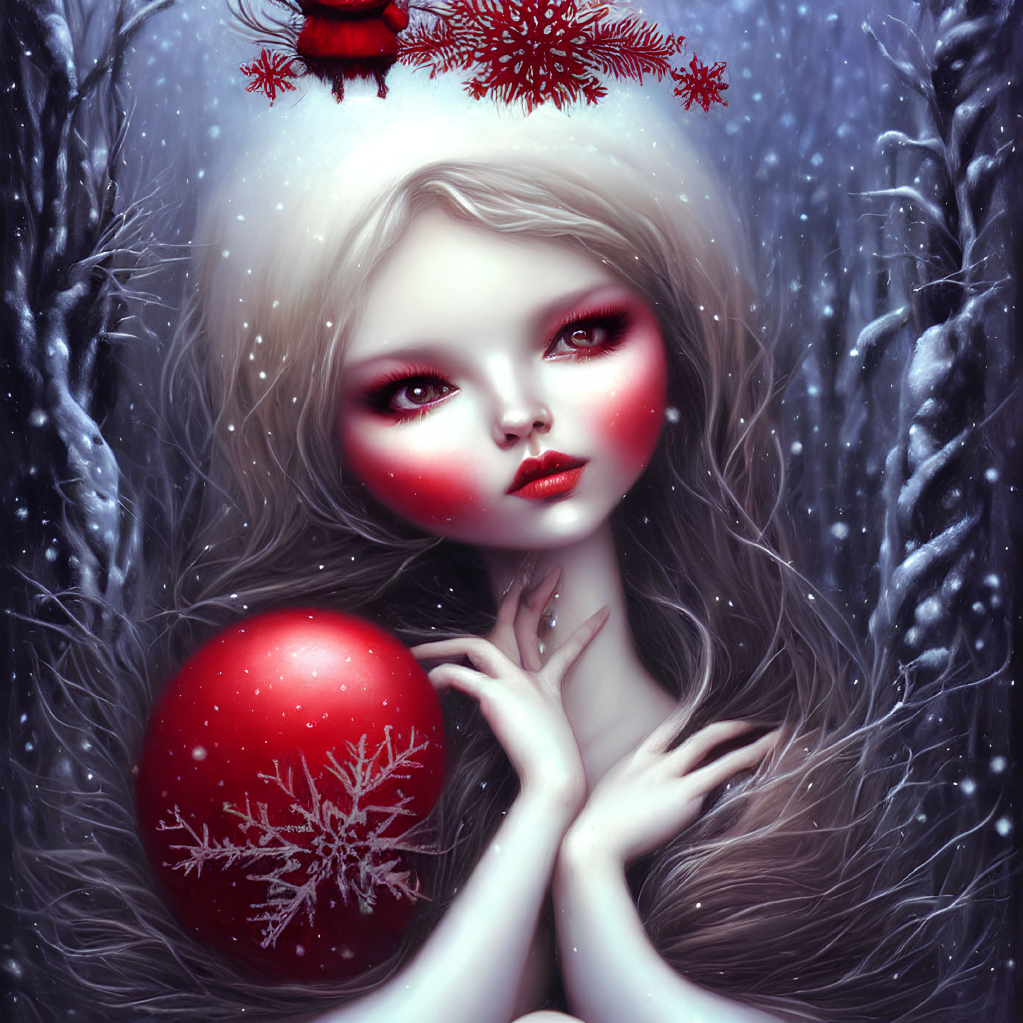 Ethereal woman with red lips holding red ornament in snowy forest