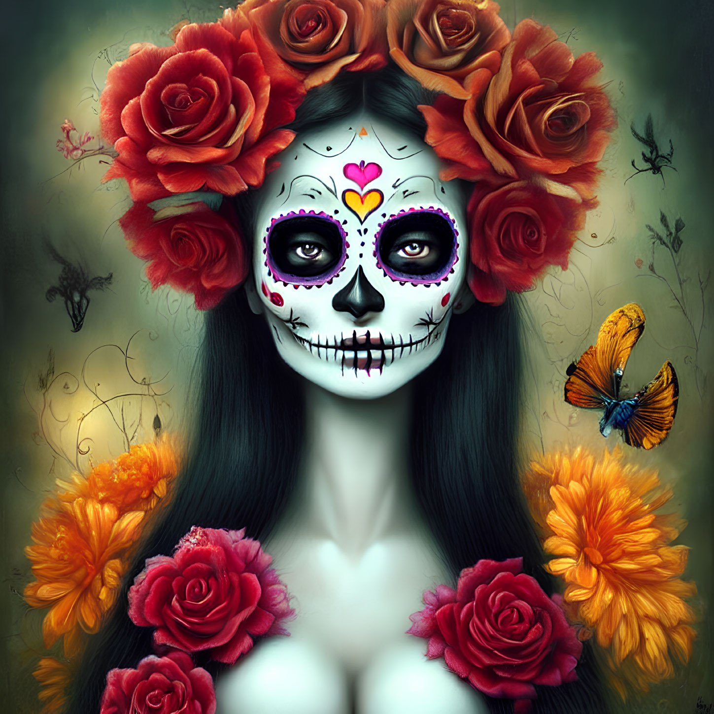 Woman with Day of the Dead makeup, skull face paint, red rose crown, and butterfly illustration