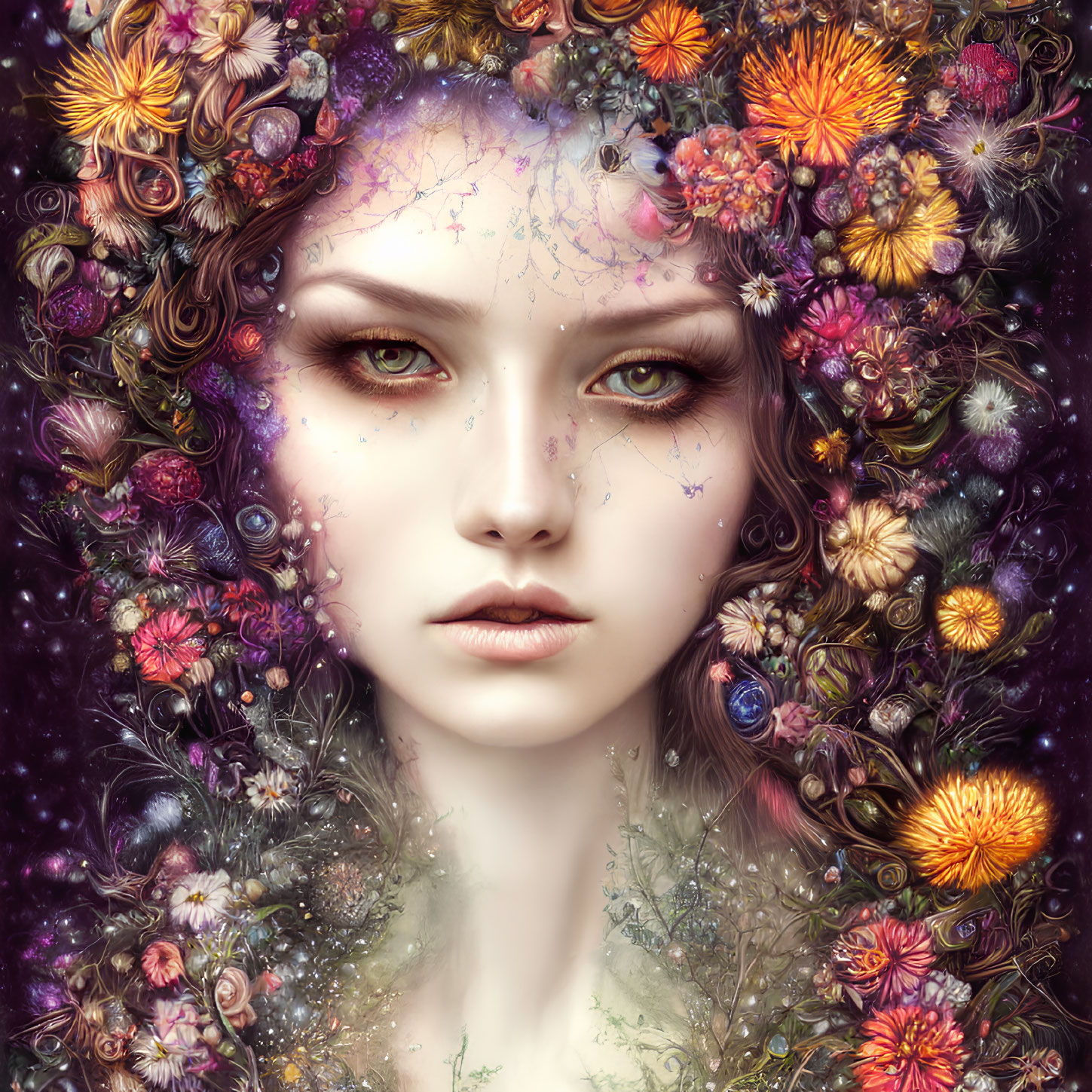 Woman's Face in Floral Wreath with Cosmic Background