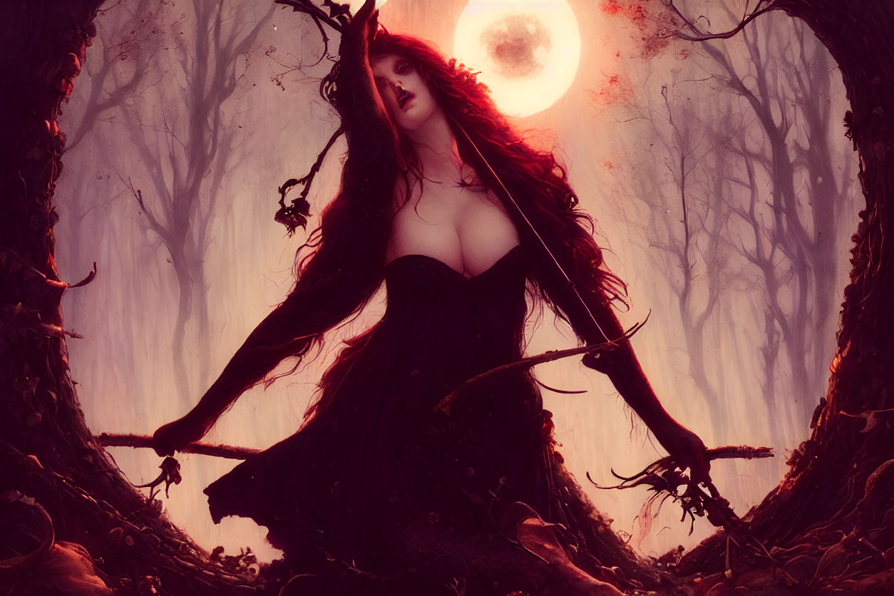 Mystical woman in dark dress in eerie, red-lit forest with full moon