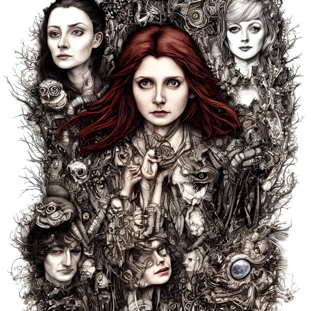 Detailed surreal drawing: Woman with red hair surrounded by faces, flowers, animals.