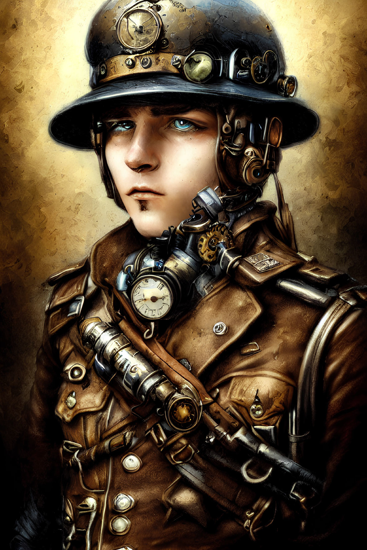 Steampunk-inspired portrait of person with blue eyes in gear-adorned helmet and brass-fitted