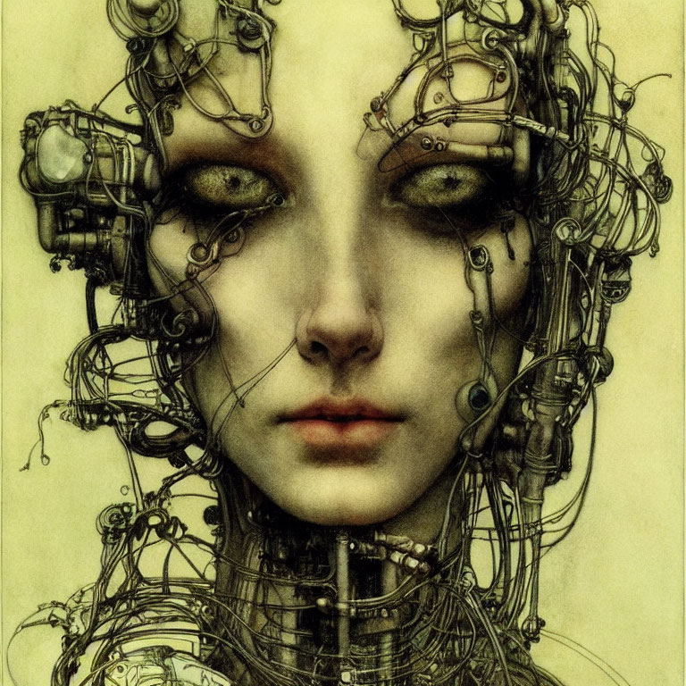 Detailed illustration of female humanoid with cybernetic enhancements and intricate wires.