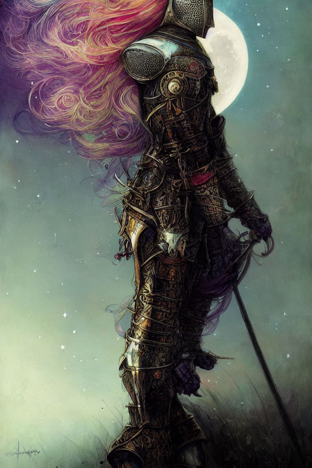 Armored knight with intricate designs under night sky and flowing hair.