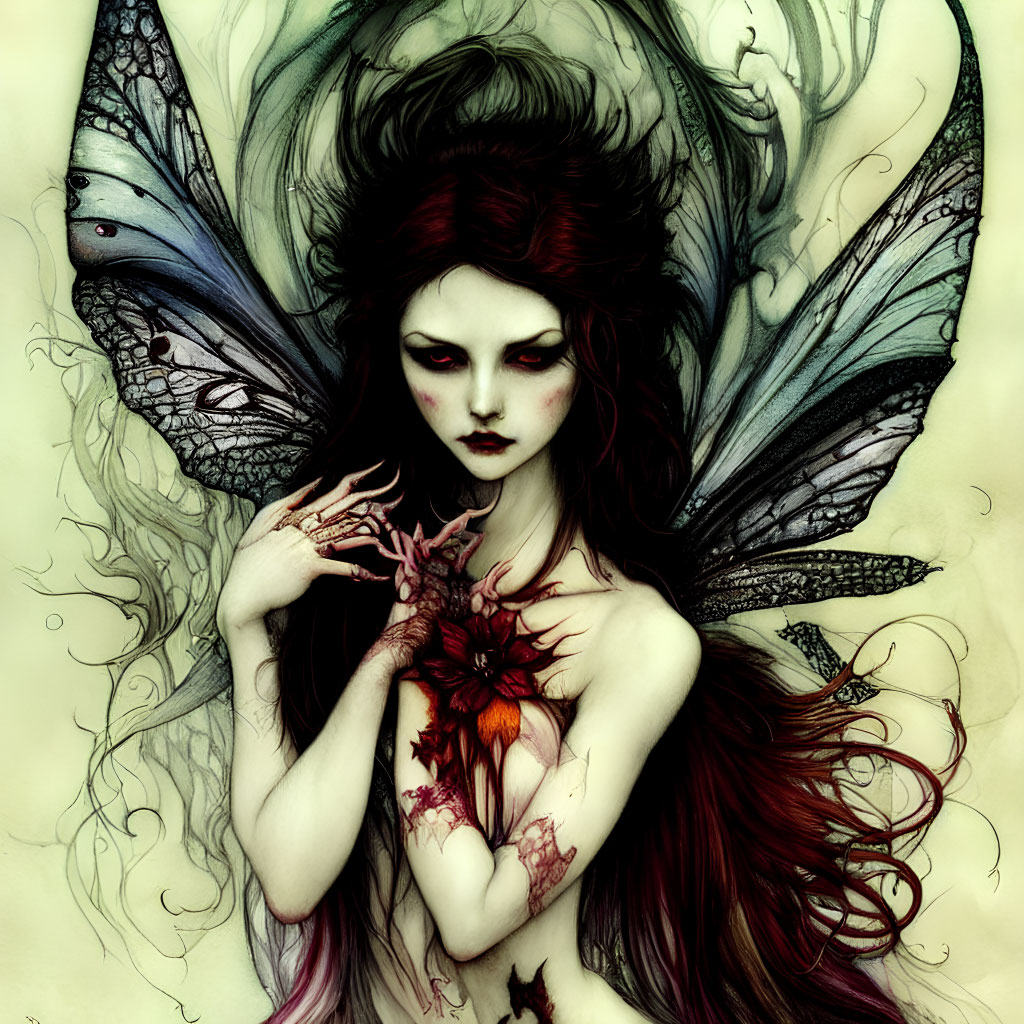 Gothic fairy illustration with dark hair, butterfly wings, pale skin, and red eyes holding a