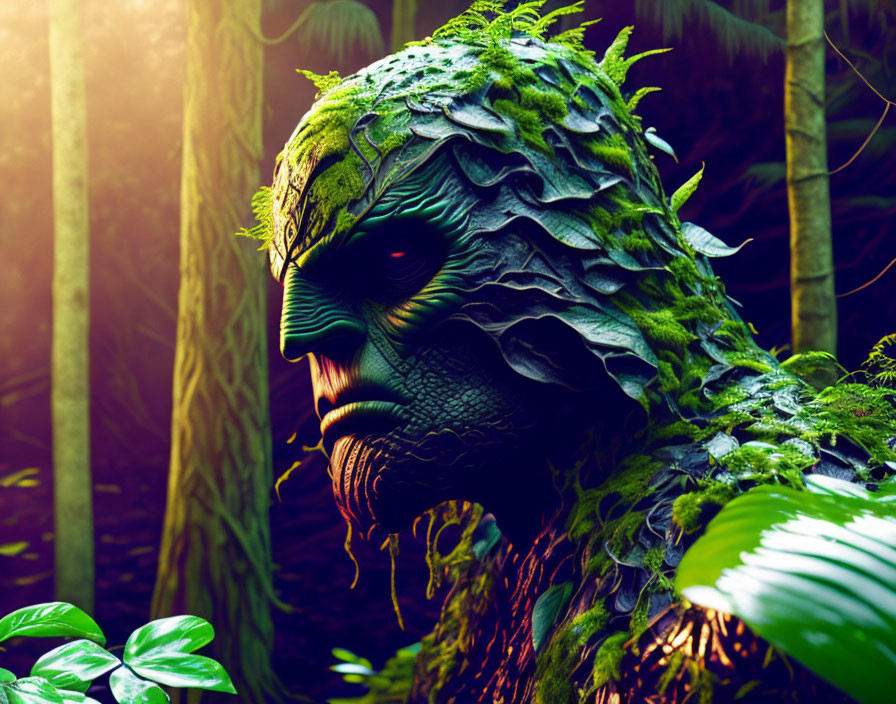 Mystical green-faced figure in lush forest sunlight