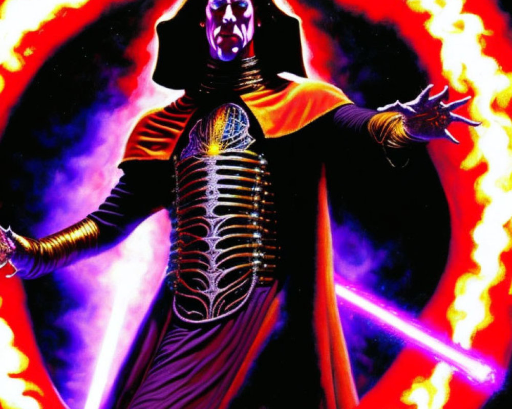 Majestic figure in black and gold costume with outstretched arms in cosmic setting