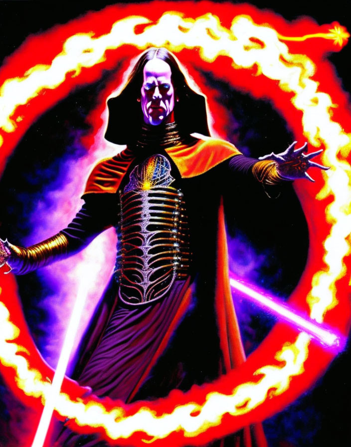 Majestic figure in black and gold costume with outstretched arms in cosmic setting