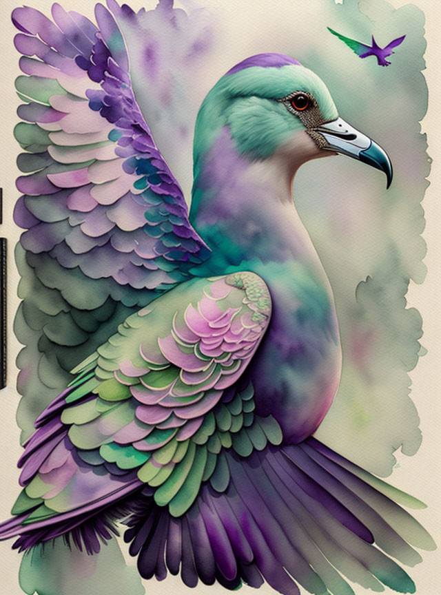 Colorful pigeon illustration with intricate details on soft watercolor backdrop