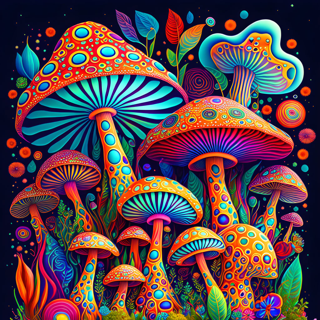 Colorful psychedelic mushroom illustration on dark background