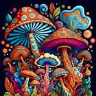 Colorful psychedelic mushroom illustration on dark background