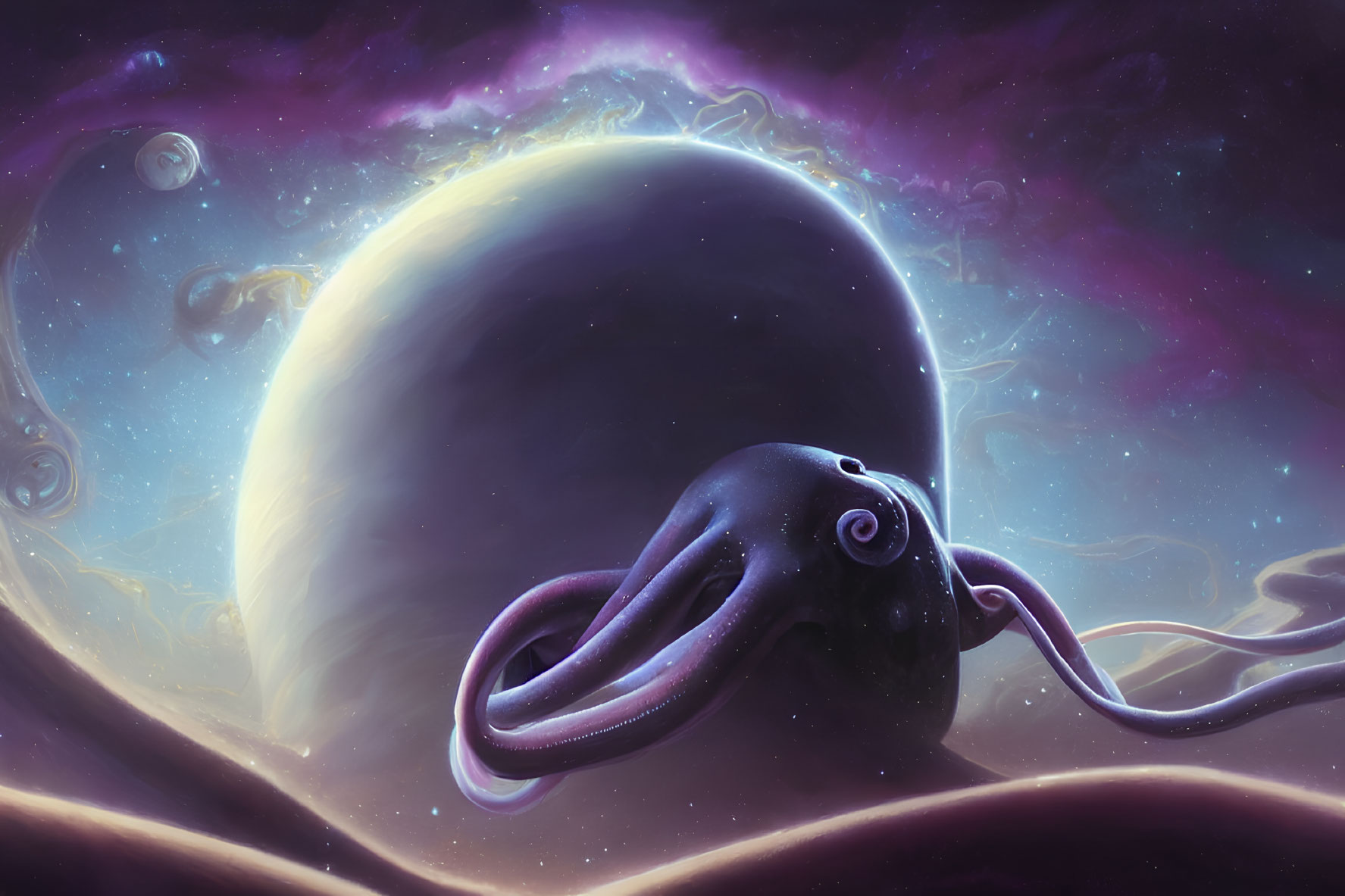 Octopus in space with massive planet and nebulas