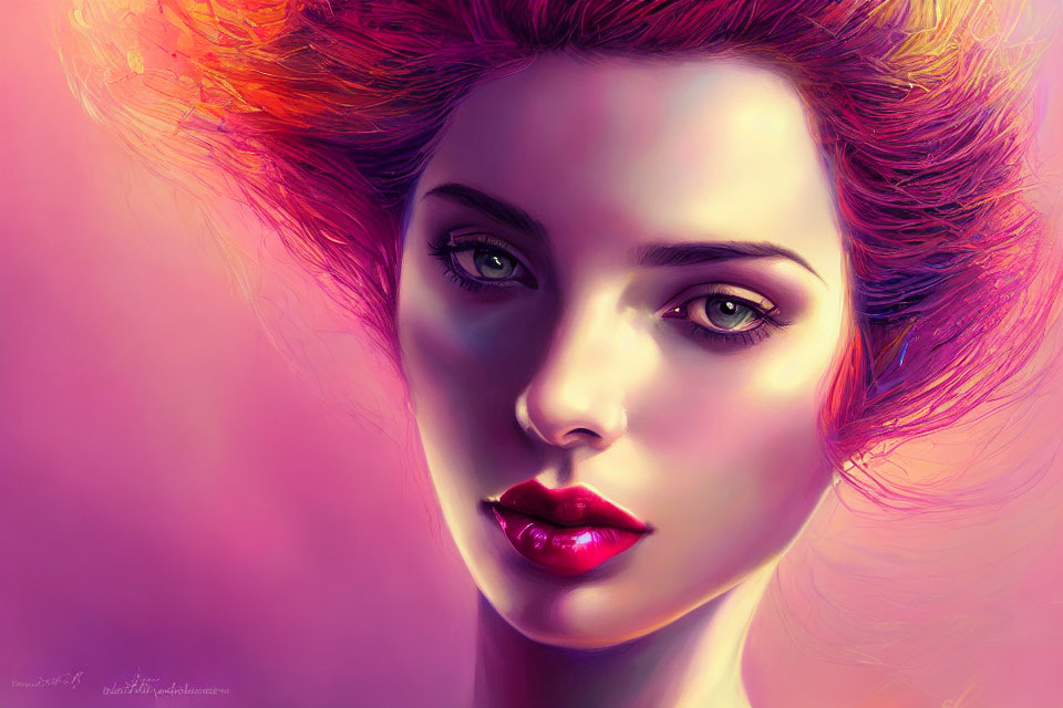 Vibrant digital portrait of a woman with red hair and green eyes