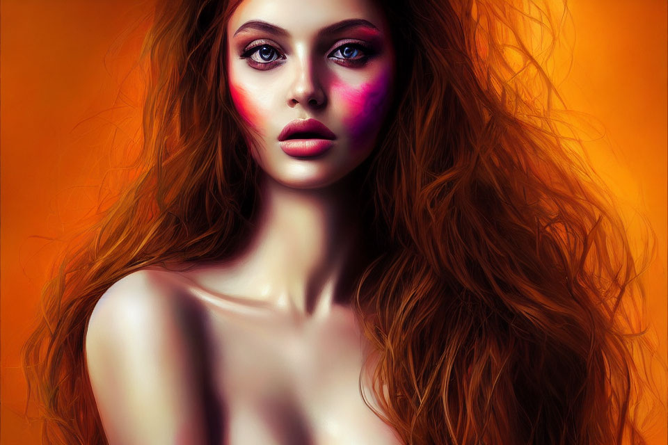 Digital portrait of woman with long red hair and pink makeup on orange background