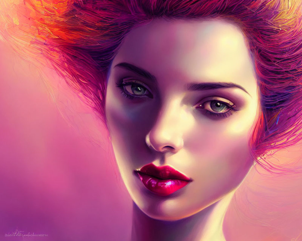 Vibrant digital portrait of a woman with red hair and green eyes