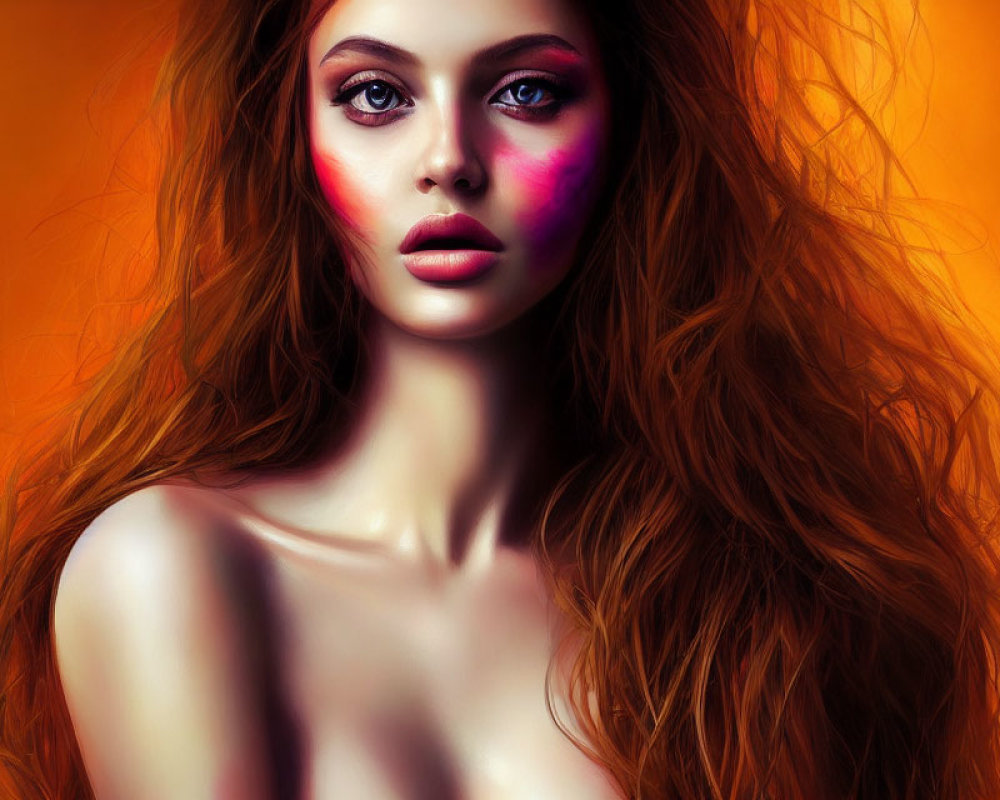 Digital portrait of woman with long red hair and pink makeup on orange background