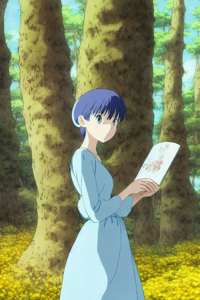 Blue-haired woman in forest reading book in sunlight