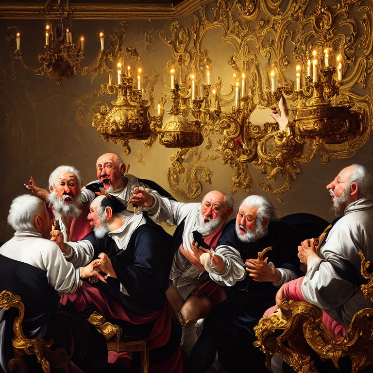 Group of White-Haired Men Toasting in Opulent Room