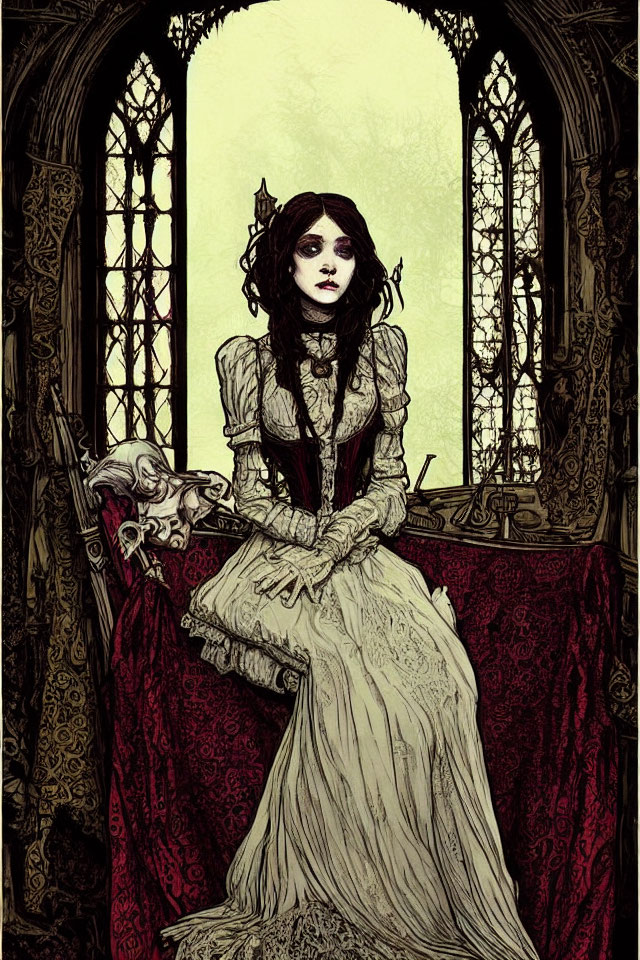 Gothic illustration of pale woman in vintage dress by ornate window