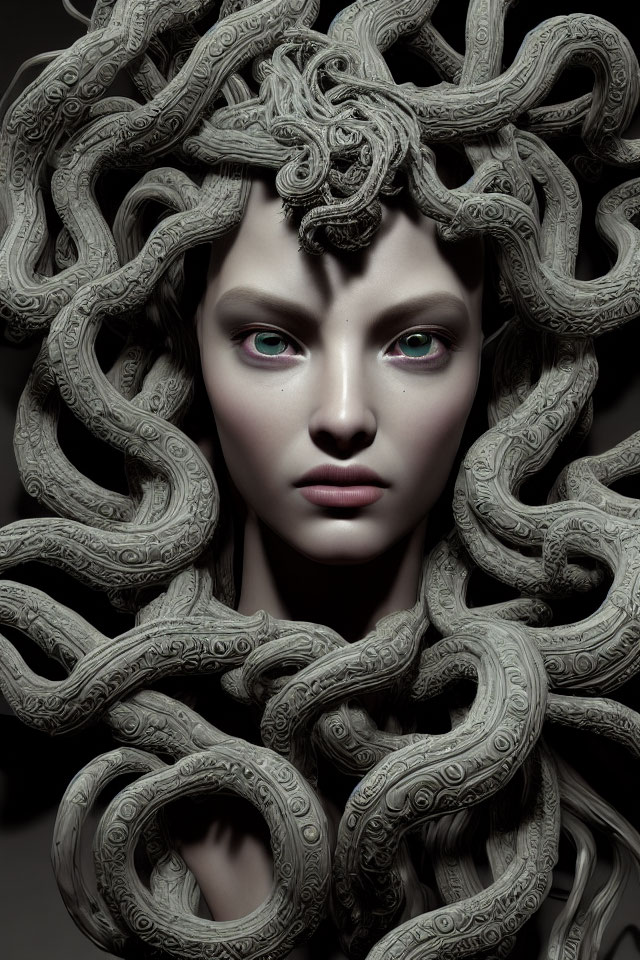 Detailed portrayal of Medusa with serpentine hair and green eyes