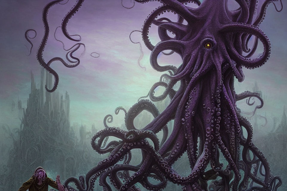 Purple octopus creature looms over gothic castle in fantasy landscape