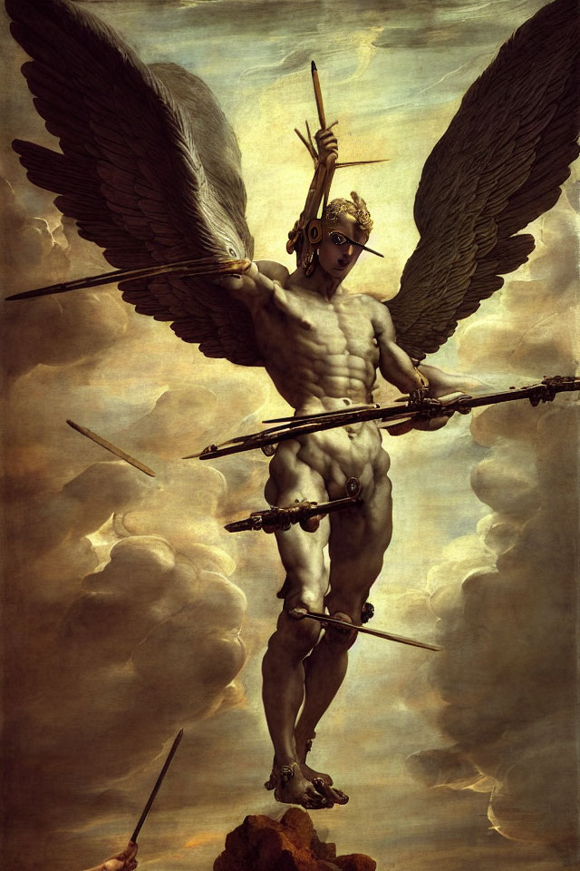 Blindfolded winged male figure with arrows on clouds under dark sky