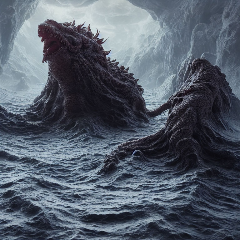 Monstrous dragon-like creature in dark, cavernous waters