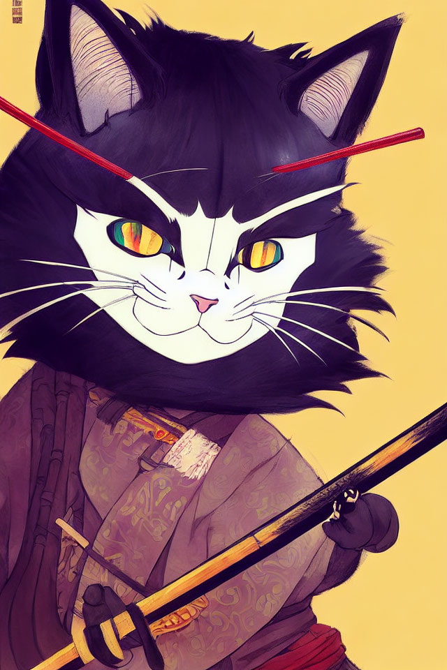 Anthropomorphic black and white cat in samurai attire with katana