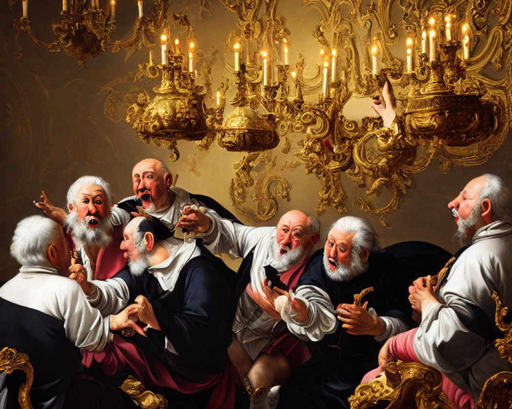 Group of White-Haired Men Toasting in Opulent Room