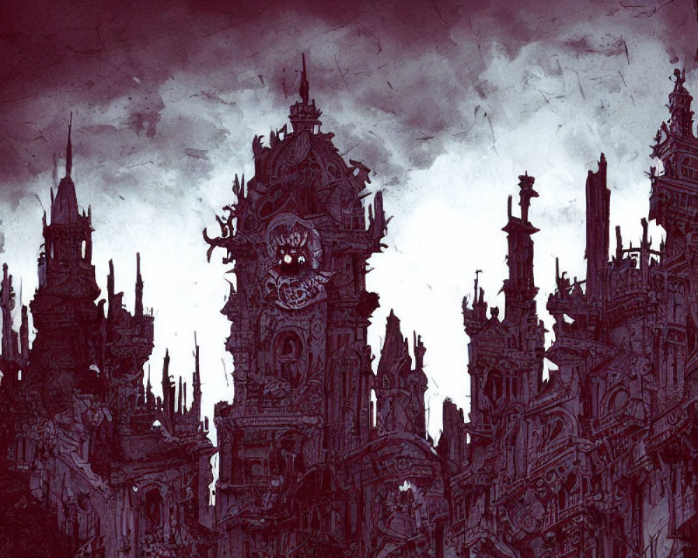 Gothic cityscape with towering spires and ominous atmosphere