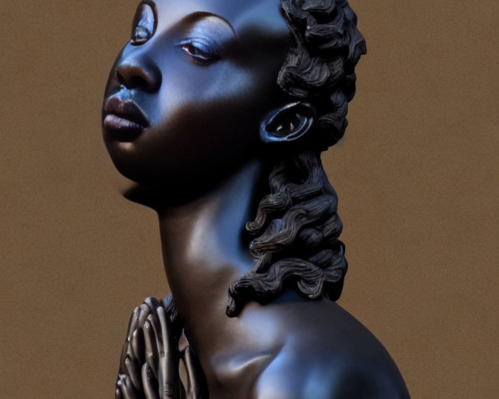 Dark-skinned female statue figure with textured hair on tan background