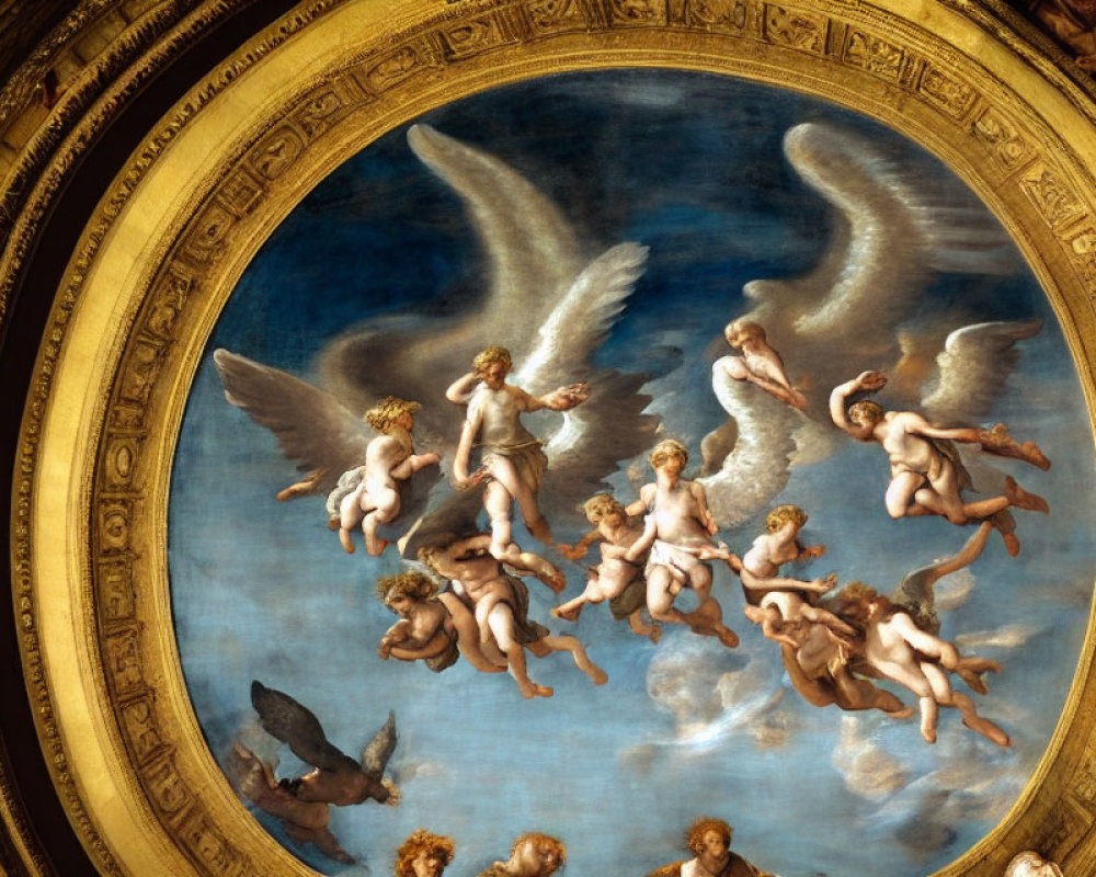 Baroque Style Ceiling Fresco with Cherubs, Angels, and Large Wings