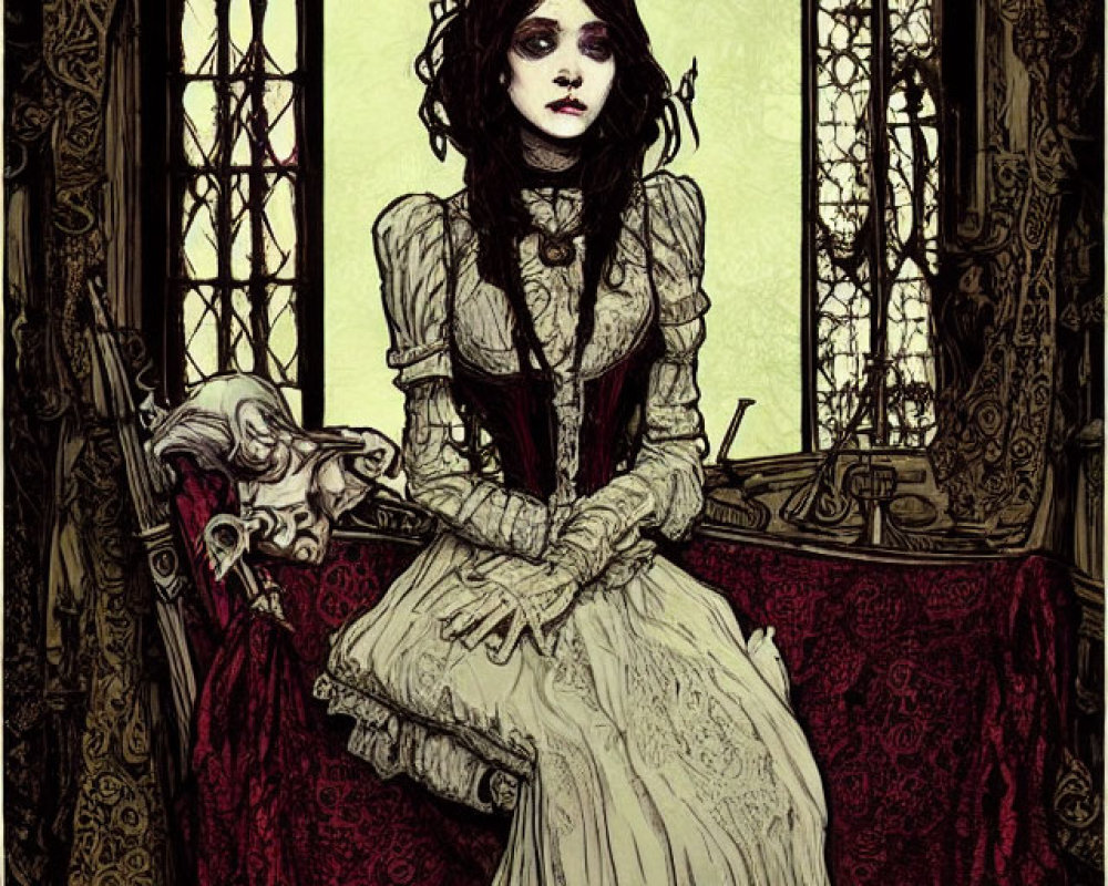 Gothic illustration of pale woman in vintage dress by ornate window