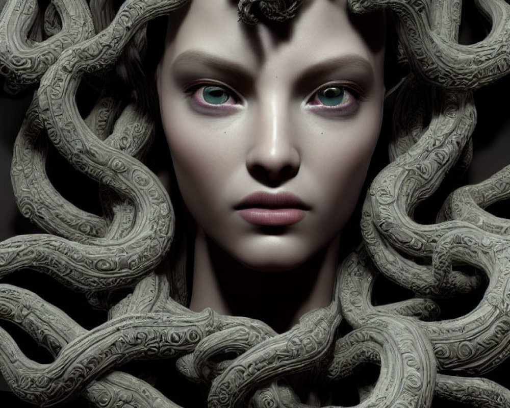 Detailed portrayal of Medusa with serpentine hair and green eyes