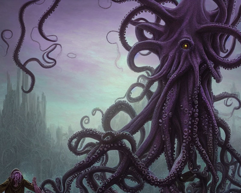 Purple octopus creature looms over gothic castle in fantasy landscape