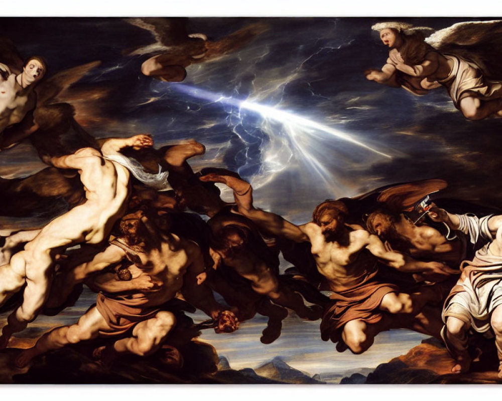 Baroque-style painting with muscular figures, angels, and divine light