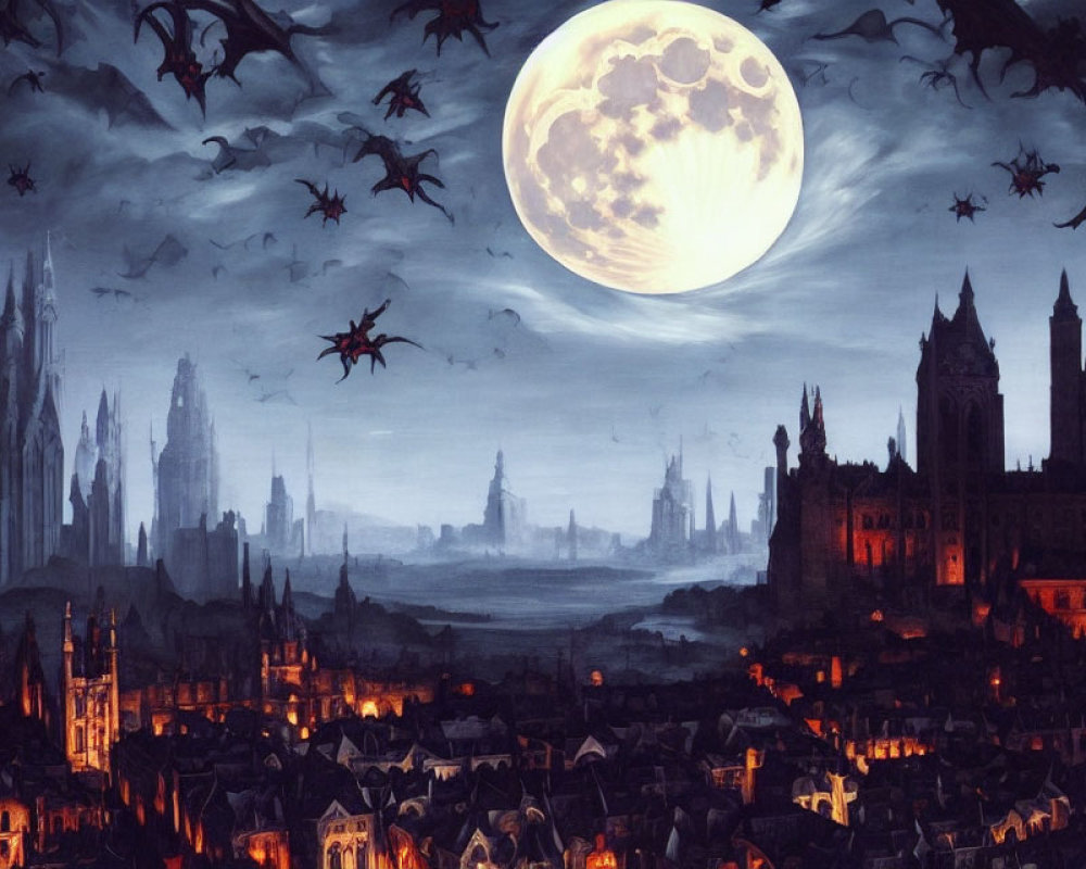 Gothic cityscape at night with dragons and spires