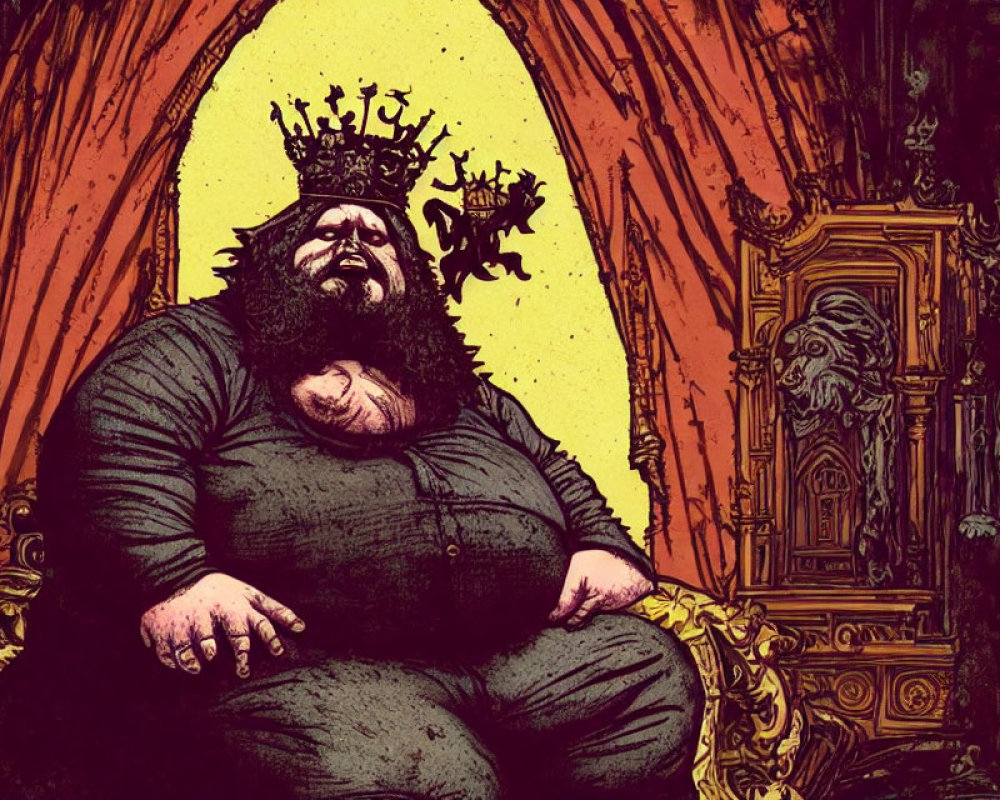 Corpulent king in crown on throne in dark, ornate room