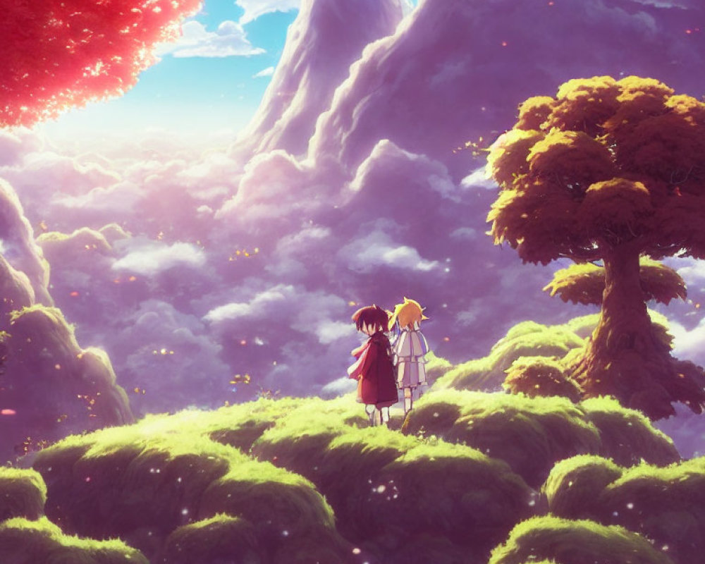 Animated characters holding hands on grassy hill with majestic mountain backdrop