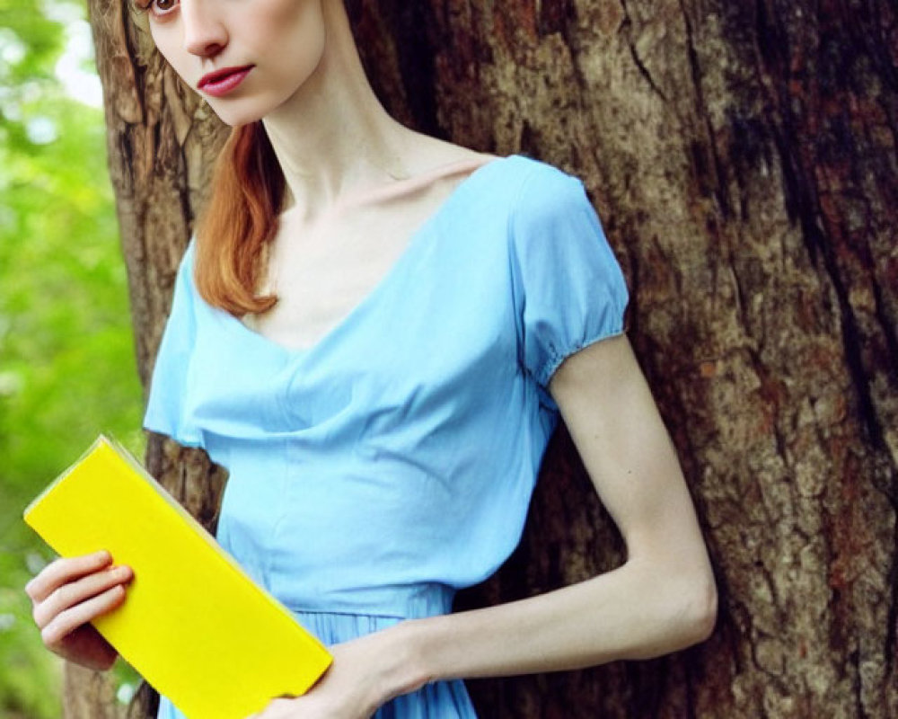 Woman in Blue Dress with Yellow Book Beside Tree