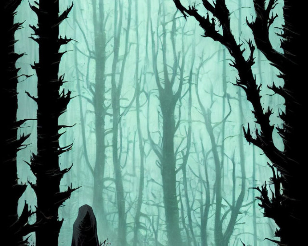 Cloaked figure at edge of misty forest with tall, bare trees