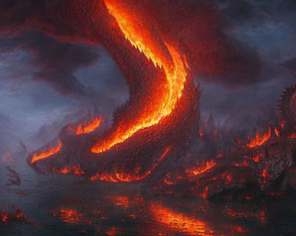 Fiery dragon over molten landscape exudes power.