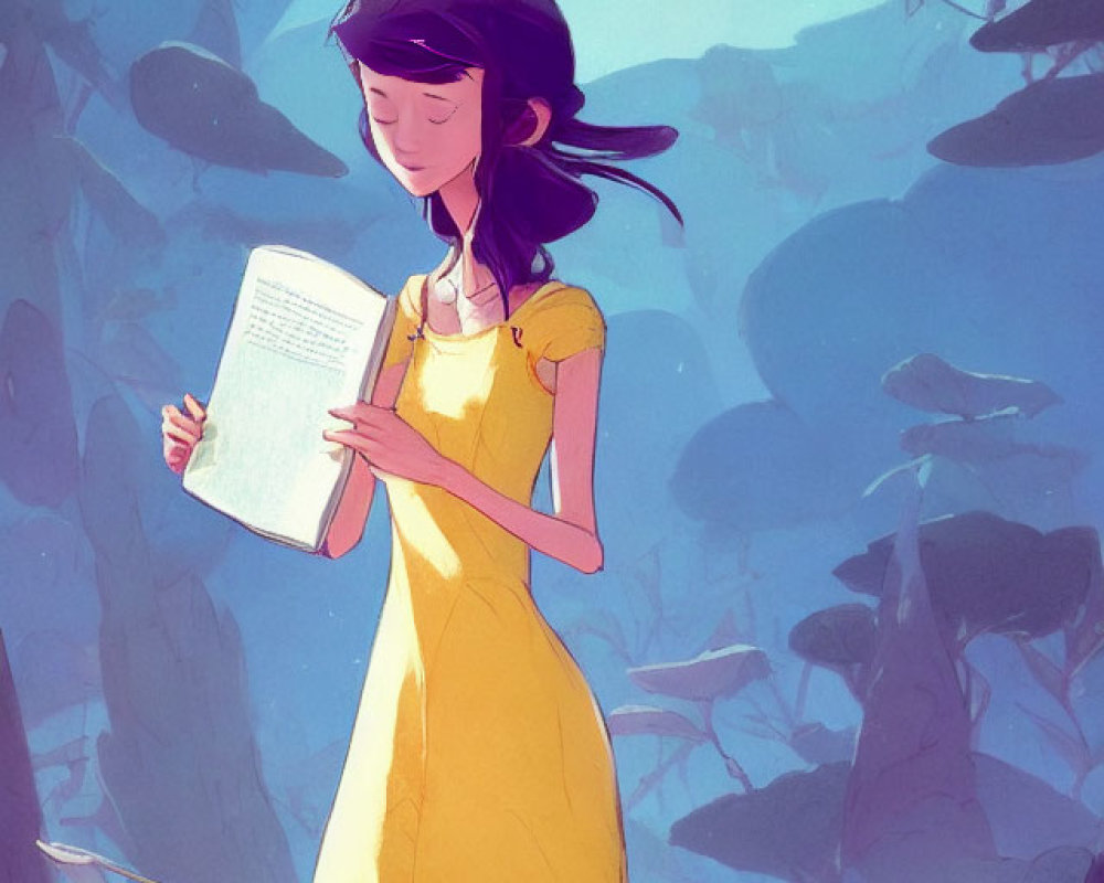 Girl in Yellow Dress Reading Book Surrounded by Underwater Flora